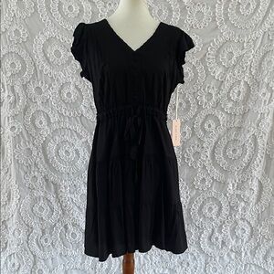 Dex Black Tape Ruffle Sleeve Jacquard Mini Dress Elastic waist V-neck